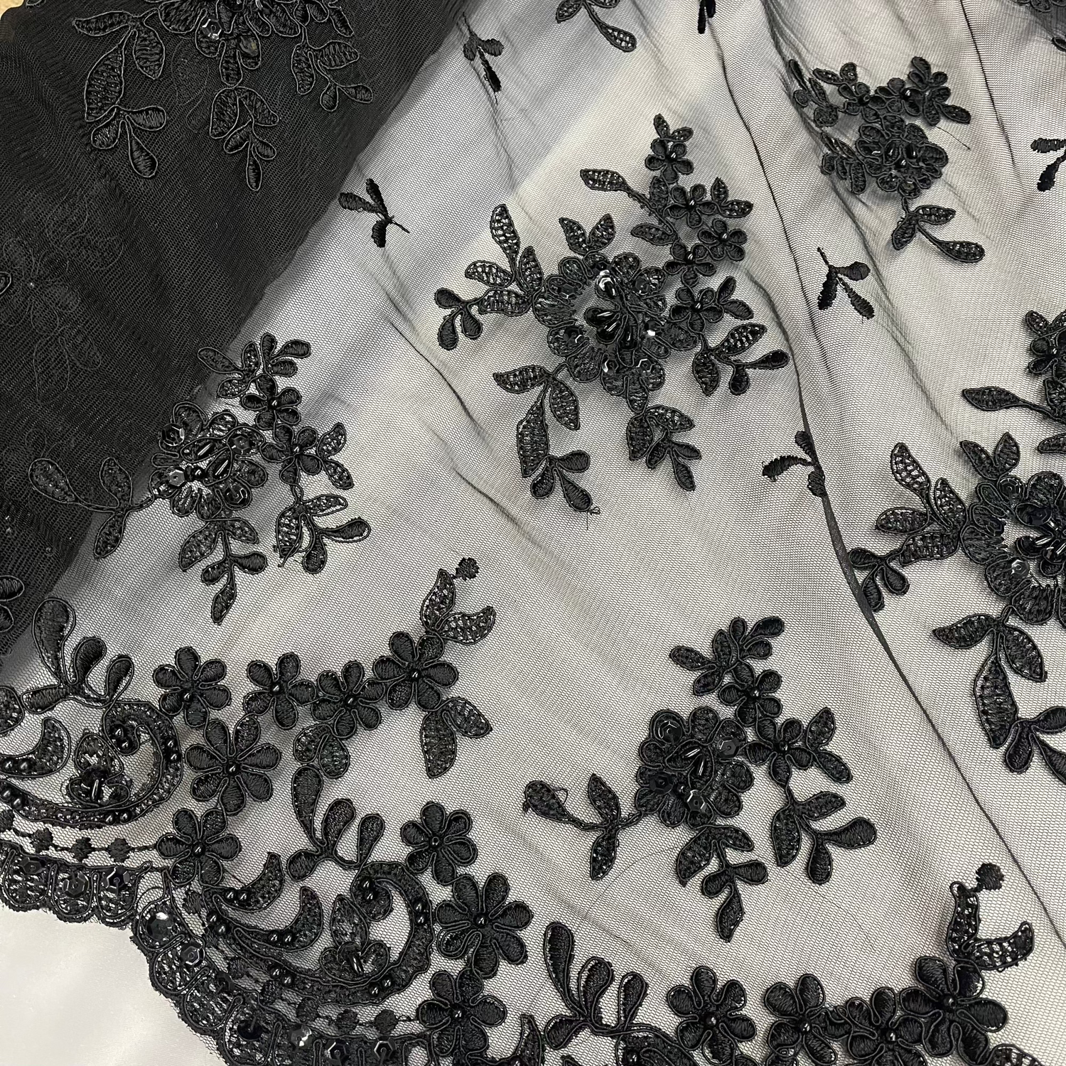 Beaded Corded Floral Lace Fabric 52" Scalloped Edges