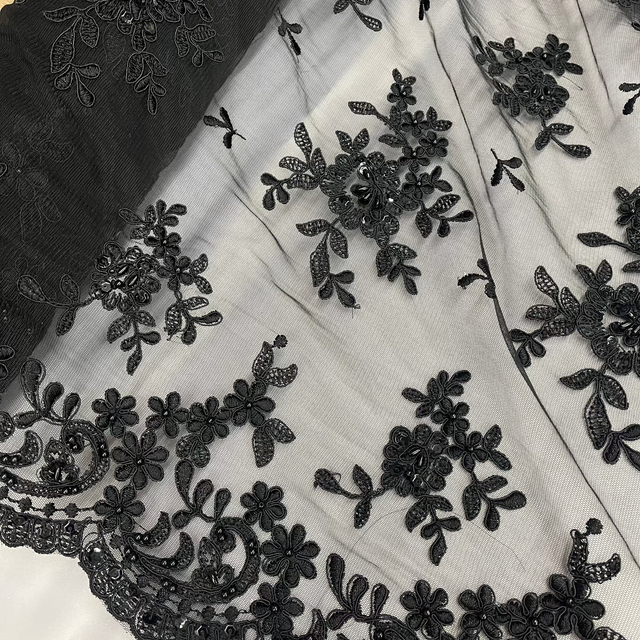 Beaded Corded Floral Lace Fabric 52" Scalloped Edges