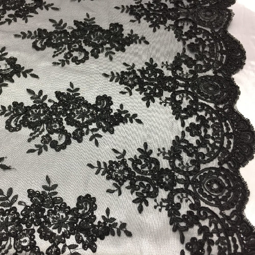 Black Sequin Lace Fabric - Embroidered Mesh, Black, 54" Width