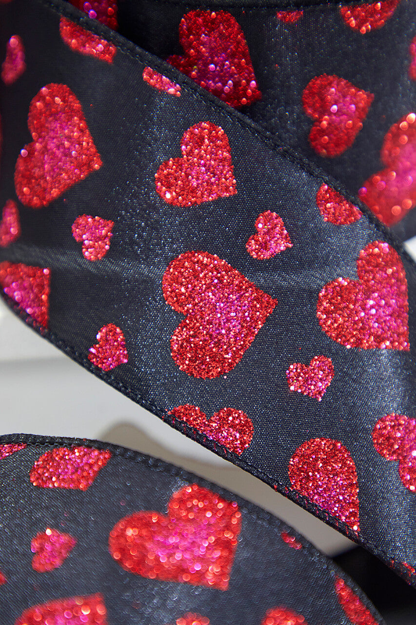2.5" x 10 Yards Red Glitter Heart Black Ribbon Wired Decorative Craft Ribbon