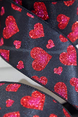 2.5" x 10 Yards Red Glitter Heart Black Ribbon Wired Decorative Craft Ribbon