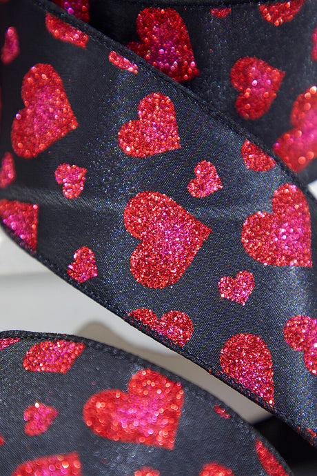 2.5" x 10 Yards Red Glitter Heart Black Ribbon Wired Decorative Craft Ribbon