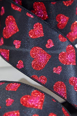 2.5" x 10 Yards Red Glitter Heart Black Ribbon