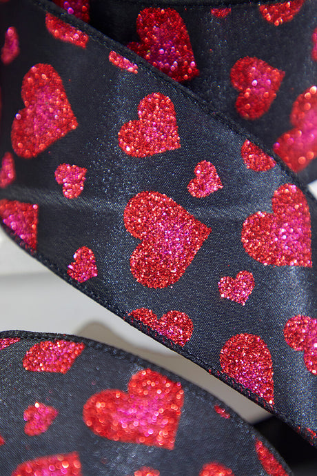 2.5" x 10 Yards Red Glitter Heart Black Ribbon