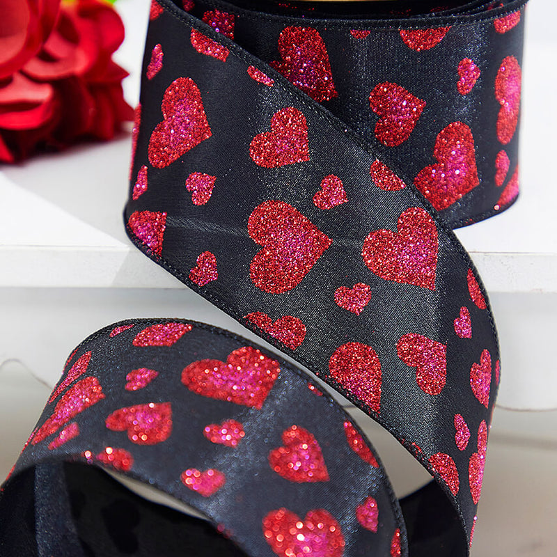 2.5" x 10 Yards Red Glitter Heart Black Ribbon Wired Decorative Craft Ribbon