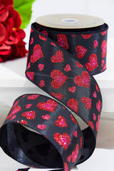 2.5" x 10 Yards Red Glitter Heart Black Ribbon