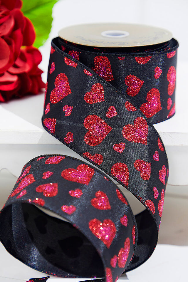 2.5" x 10 Yards Red Glitter Heart Black Ribbon