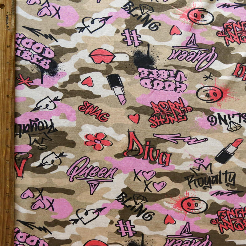 Cotton Lycra Jersey Knit Fabric Bling Graffiti Camo