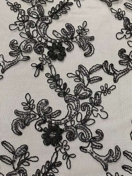 Elena's Lace Black Polyester Lace Fabric - Black Corded Mesh Embroidered With Sequins, Double Scalloped Edge, 54" Width (1 Yard)
