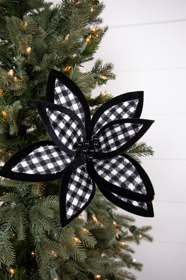 21” x 12" Black and White Plaid Poinsettia Stem with Black Berries