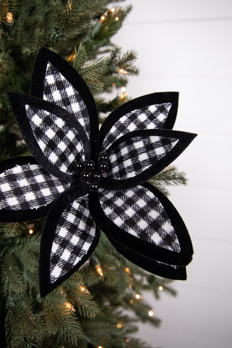 21” x 12" Black and White Plaid Poinsettia Stem with Black Berries