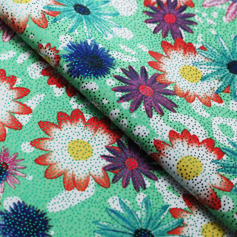 Blossomy Polyester Spandex Fabric - Green Floral Print, 58/60" Width (1 Yard)