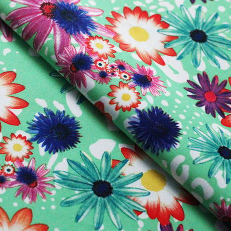 Blossomy Polyester Spandex Fabric - Green Floral Print, 58/60" Width (1 Yard)