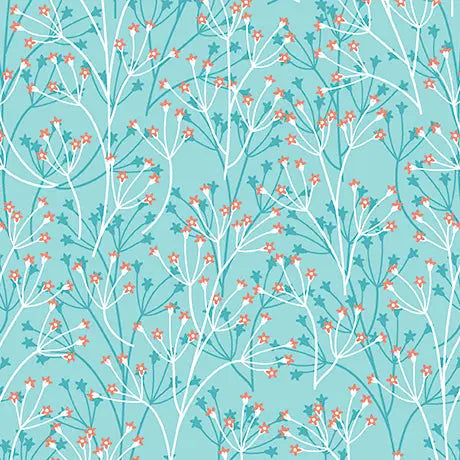 Cotton Floral Sprigs Fabric Aqua Blue 44/45"