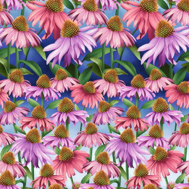 Cotton Blue Echinacea Blissful Blooms Fabric 43/44"