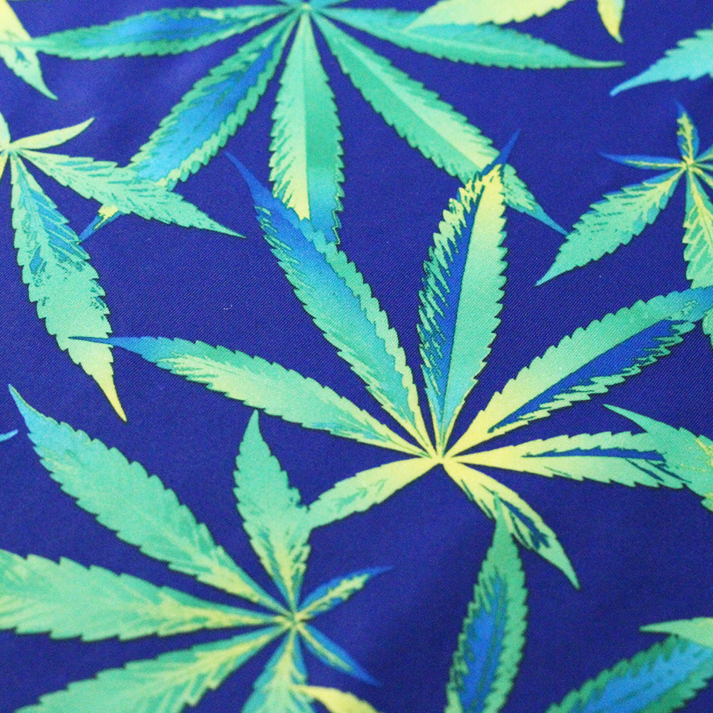 Magic Bloom Poly Spandex Fabric - Blue Green, Cannabis Leaf Print, 58/60" Width (1 Yard)