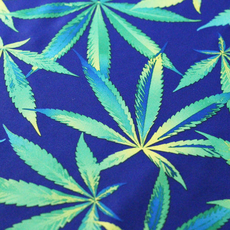 Magic Bloom Poly Spandex Fabric - Blue Green, Cannabis Leaf Print, 58/60" Width (1 Yard)