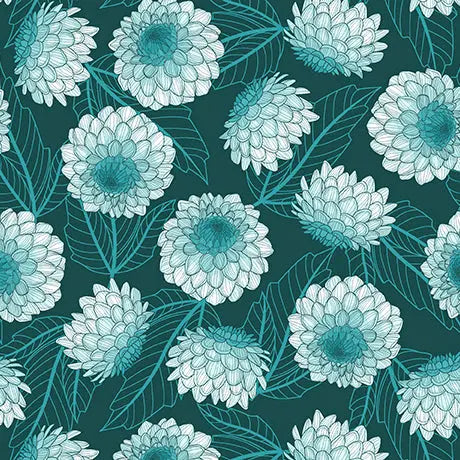 Cotton Print Dark Teal Dahlias Fabric 44/45"
