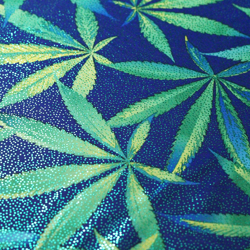 Magic Bloom Poly Spandex Fabric - Blue Green, Cannabis Leaf Print, 58/60" Width (1 Yard)