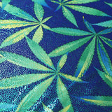Magic Bloom Poly Spandex Fabric - Blue Green, Cannabis Leaf Print, 58/60" Width (1 Yard)