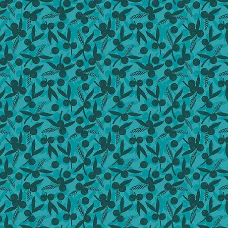 Cotton Leaf & Berries Silhouettes Fabric 44/45 Teal