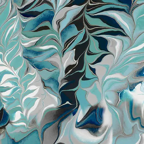 Cotton Fabric Blue Green Turquoise Fluid Fern