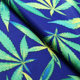 Magic Bloom Poly Spandex Fabric - Blue Green, Cannabis Leaf Print, 58/60" Width (1 Yard)