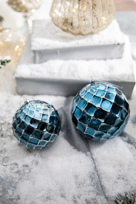 Blue Chrome Honeycomb Ball Ornament 10cm Vintage Christmas Decor