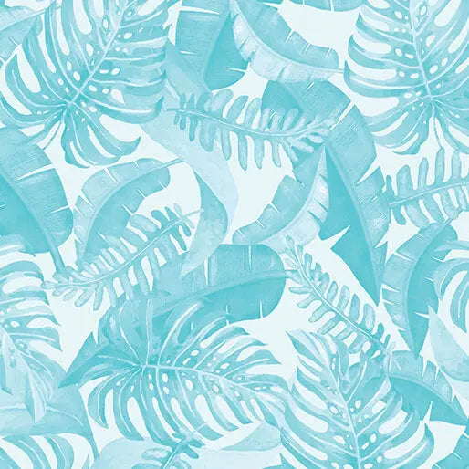 Cotton Wideback Fabric Blue Leaves Of Paradise 108" Wide