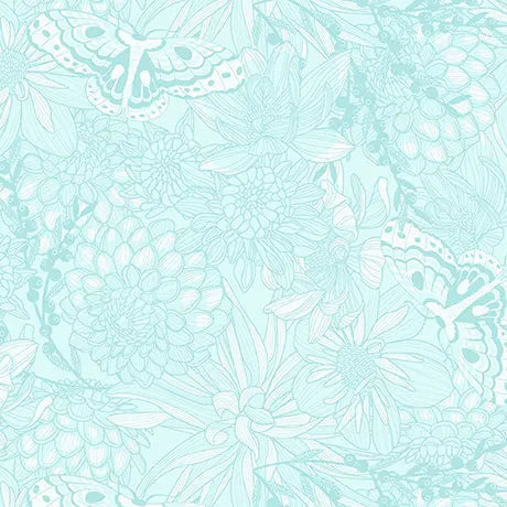 Cotton Floral Butterflies Fabric Light Aqua 44/45"