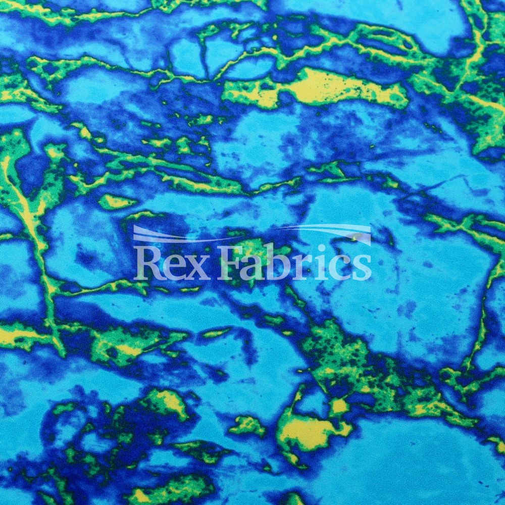 Infrared Poly Spandex Fabric - Blue Lime, Orange Turquoise, Marble Print, 58/60" Width (1 Yard)