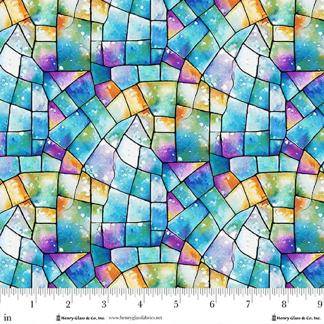 Cotton Quilt Backing Fabric Blue/Multi Kaleidoscope Stained Glass 108" Wide