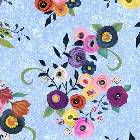 Blue Watercolor Floral Toss Cotton Fabric 44/45"