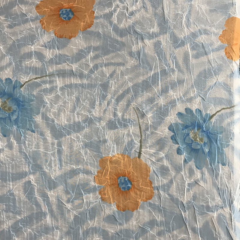 Floral Crush Chiffon Blue Polyester Fabric - Sheer Crush Floral Print, Blue, 53/54" Width (1 Yard)