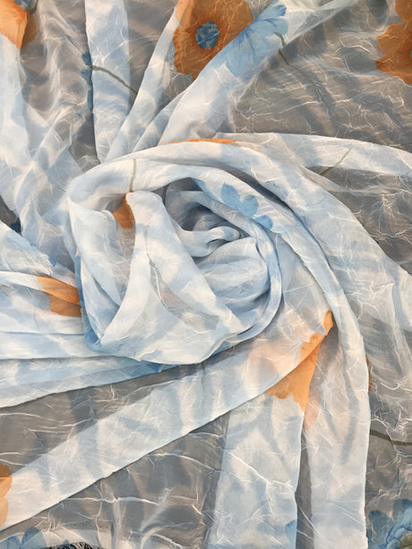 Floral Crush Chiffon Blue Polyester Fabric - Sheer Crush Floral Print, Blue, 53/54" Width (1 Yard)