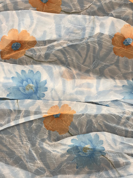Floral Crush Chiffon Blue Polyester Fabric - Sheer Crush Floral Print, Blue, 53/54" Width (1 Yard)