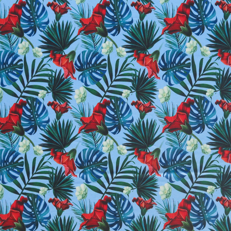 Swim Knit Blue Hawaiian Monstera Floral 4-Way Stretch