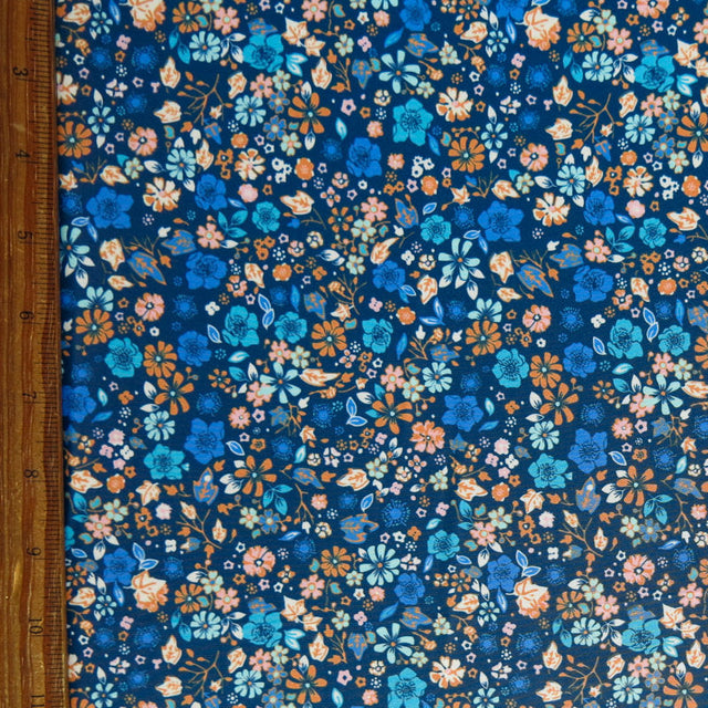 Swim Knit Poly Spandex Ditsy Flowers Blue Orange