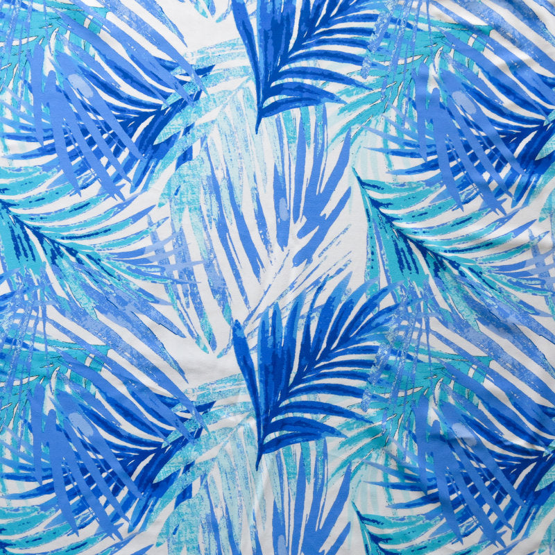Swim Knit Blue Palms on White Nylon Spandex 27" Remnant