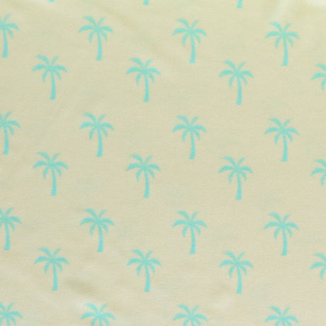 Poly Spandex Swimsuit Fabric Bright Blue Palms on Light Yellow