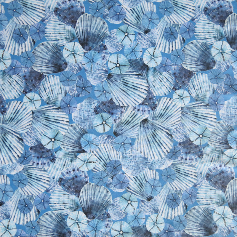 Swim Knit Poly Spandex Blue Seashells 4-Way Stretch
