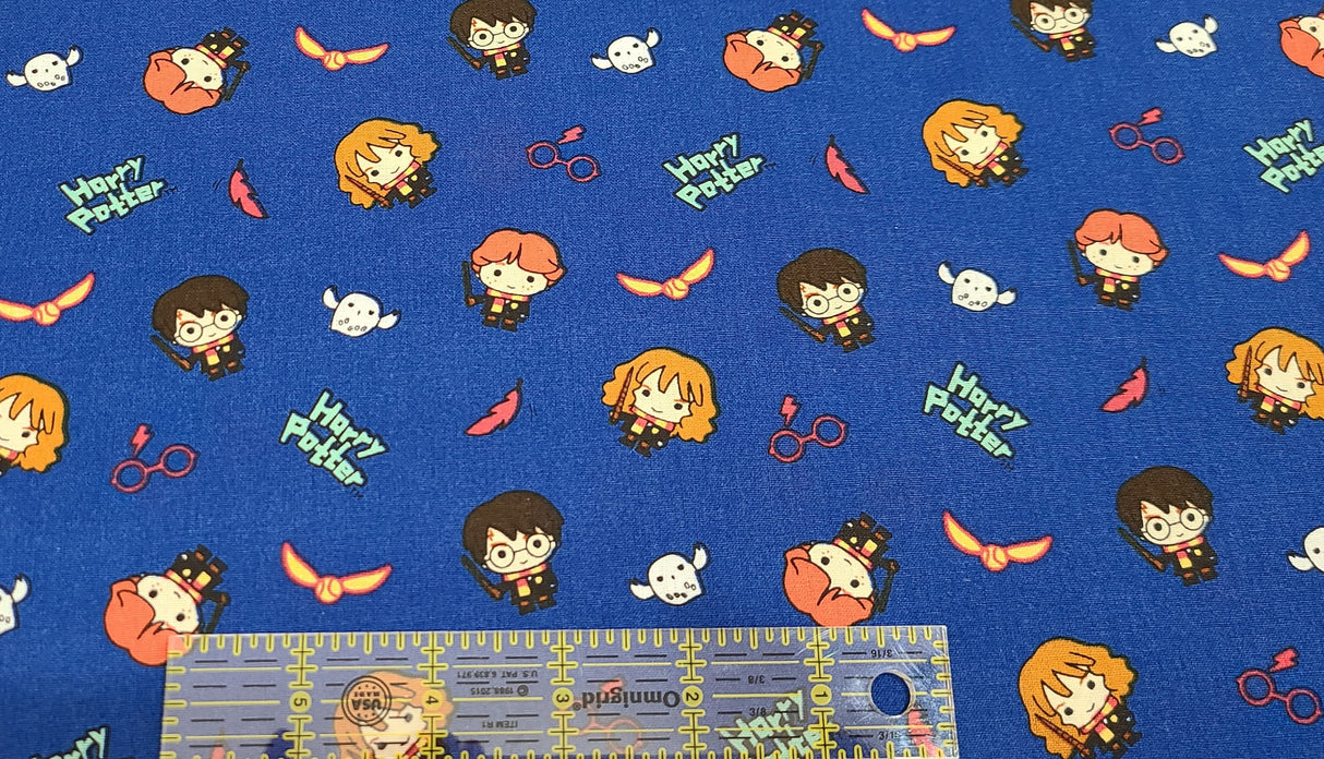Quilting Cotton Blue Harry Potter Kawaii Trio Toss