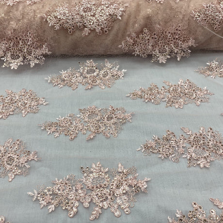 Blush Sequin Lace Fabric - Blush Pink Floral Embroideries On Mesh