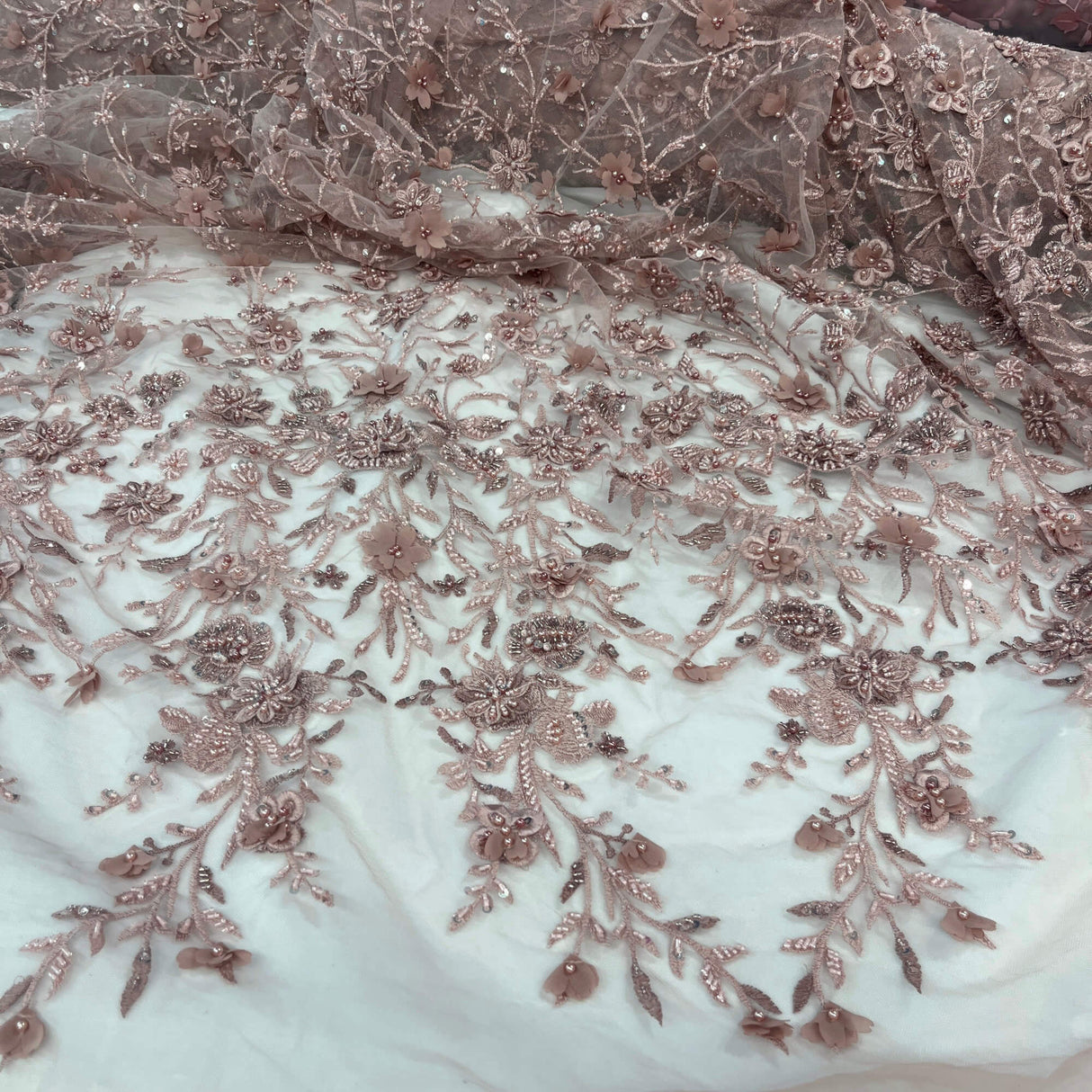 Beaded 3D Floral Lace Fabric
