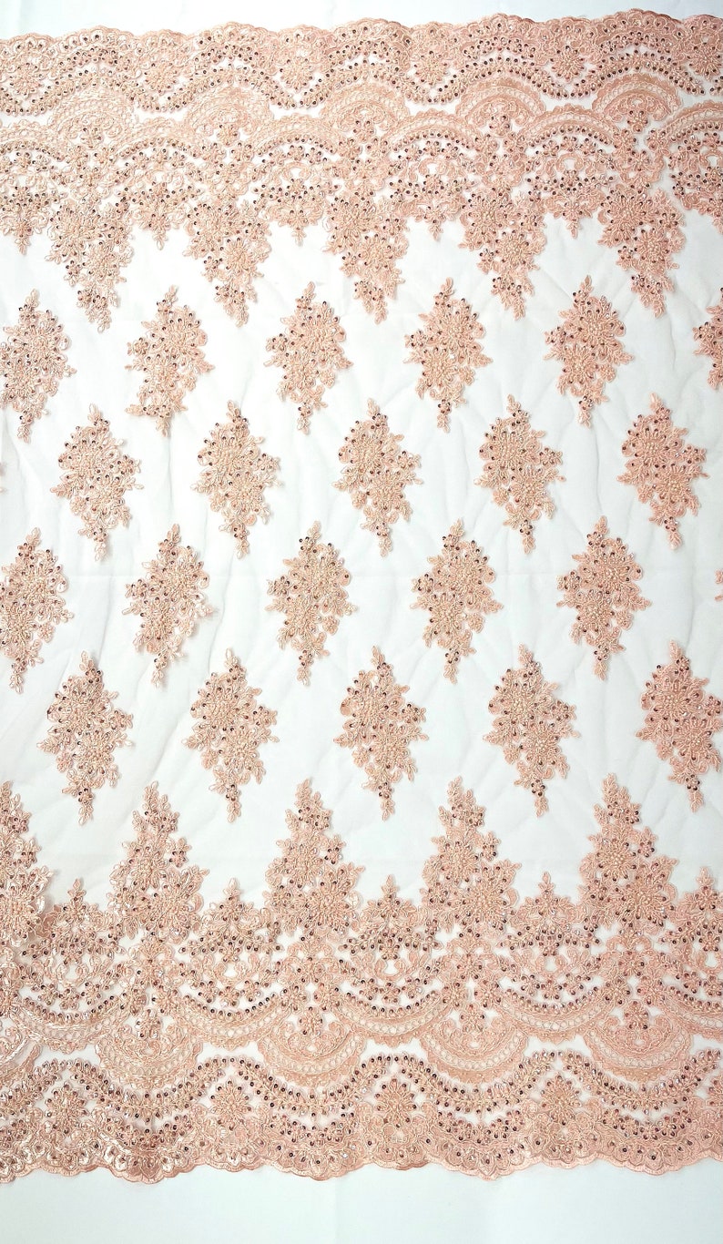 Erin Diamond Beaded Metallic Floral Embroidered Mesh Lace Fabric - Metallic Floral Beaded Embroidery, 50-54" Width (1 Yard)