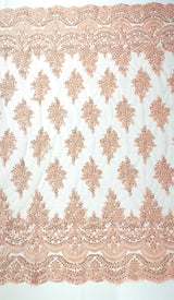 Erin Diamond Beaded Metallic Floral Embroidered Mesh Lace Fabric - Metallic Floral Beaded Embroidery, 50-54" Width (1 Yard)