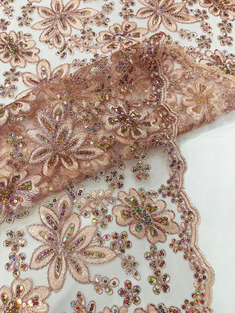 Metallic Floral Lace Design Embroidered Polyester Fabric - Floral Lace, 54" Width (1 Yard)