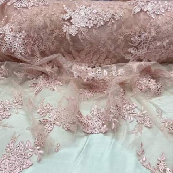 Designer Sequin Lace On Mesh Fabric - Blush, Champagne, Gold, Hunter Green, Red, Silver, White, 52" Width (1 Yard)