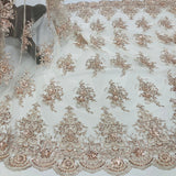 Beaded Lace Fabric Embroidered On 100% Polyester Net Mesh Fabric - Gold, Beaded Sequined Embroidered Lace, 50" Width (1 Yard)
