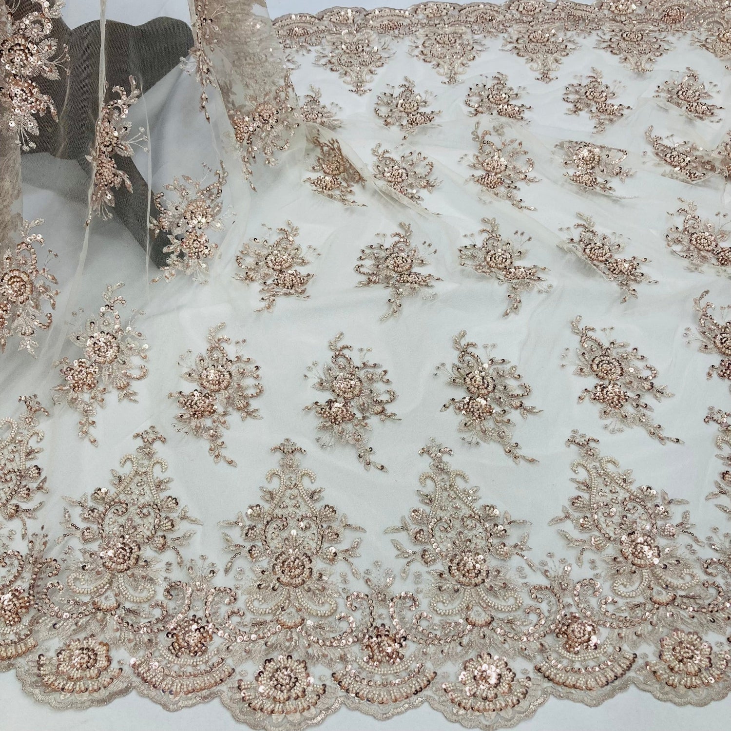 Beaded Lace Fabric on Polyester Net Mesh 50"